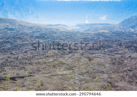 Cracked barren bottom of Kilauea Crater in Hawaii Volcanoes National Park, Big Island, Hawaii