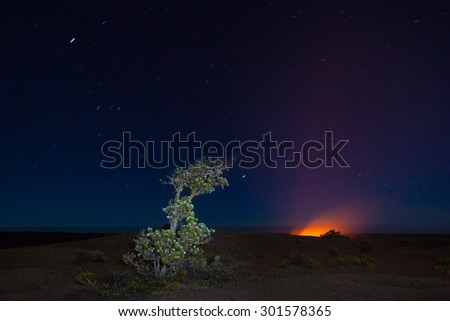 Erupting volcano in Hawaii Volcanoes National Park, Big Island, Hawaii. Night photos with long exposure.