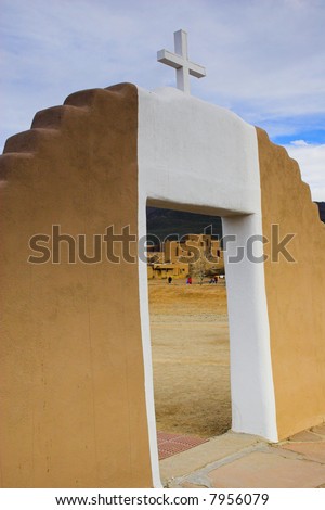 Fragments of architecture, houses, churches, cemetery at the International Historic Heritage Site in Taos Indian village and a nearby town