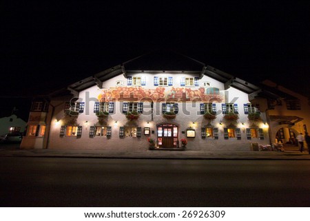 Bavarian house at night in Schwangau, Germany