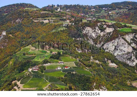Houses and vine yards in mountain landscape of Italy