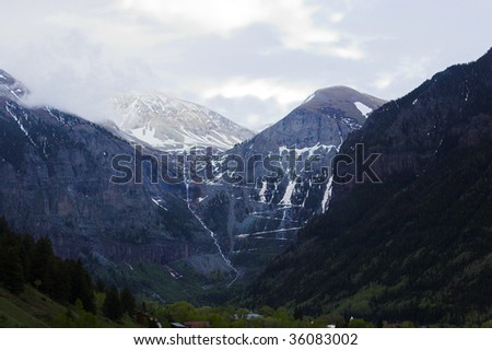 Tallest waterfall in Colorado, Bridal Vail, falling from the mountain on famous San Juan Skyway
