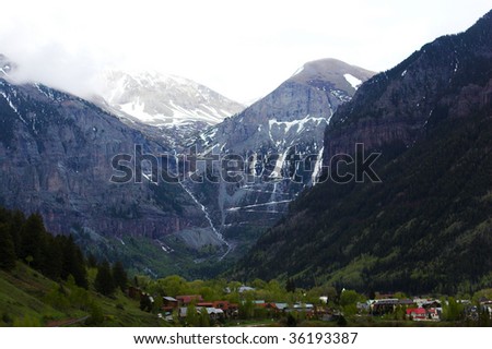 Tallest waterfall in Colorado, Bridal Vail, falling from the mountain on famous San Juan Skyway