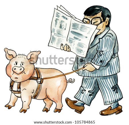 walking Pet Pig and reading newspaper asian man