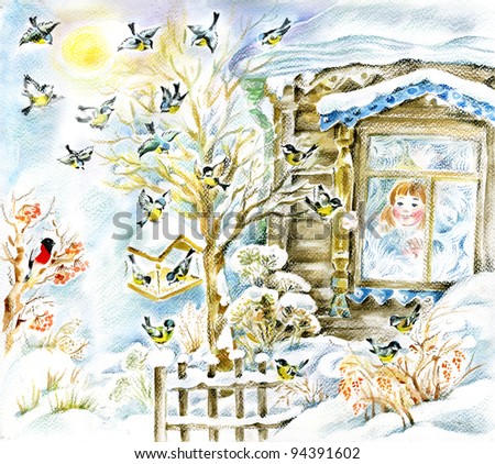 Girl admires tit mouses Blue tit mouses fly in winter garden and peck from bird feeder. Girl observes them from behind the frozen window of country house. Watercolors/pastel illustration