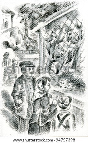 Family at the zoo. Pastel monochrome illustration.