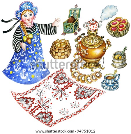 Traditional Russian tea party. Set of hand painted images: tablecloth,samovar, tea pot, bread-rings, pies, honey. Isolated on layers.