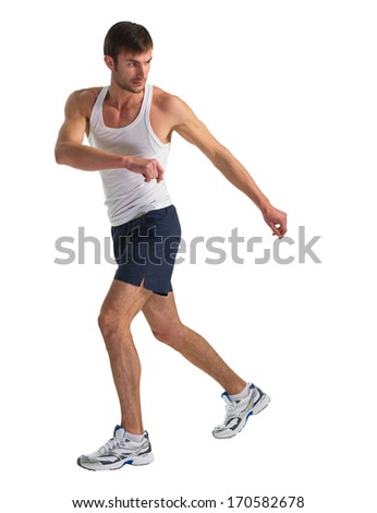 male sportsman doing actively exercise isolated on white background
