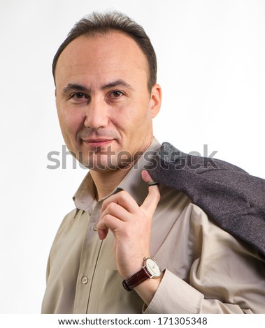 businessman hand holding a shirt jacket and looking, isolated on a white background, age thirty-five, thirty-seven years,