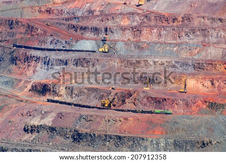 industrial pit iron ore mining, ore delivery by rail and road