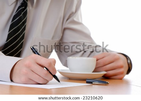 businessman holds  handle in  hand  black color and  document,  cup  coffee signs