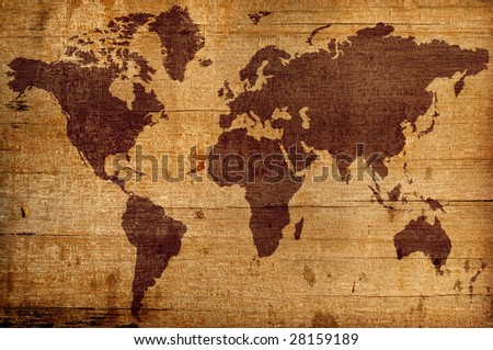 highly detailed wood texture background with world map
