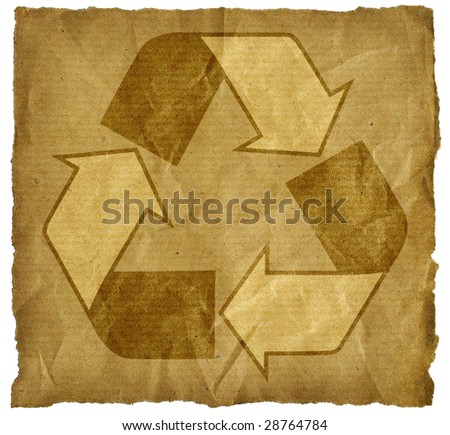 torn brown paper with recycle symbol isolated on white background, ready for your message.
