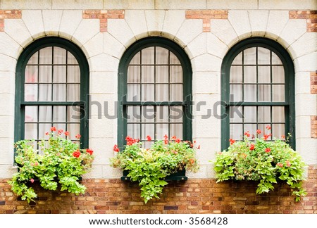 3 Frontenac\'s castle windows with flower boxes