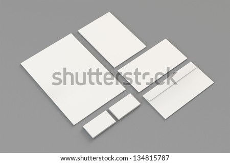 Blank A4 paper, Business cards, Letterhead, Envelopes / Stationary, Corporate identity template on grey background with soft shadows