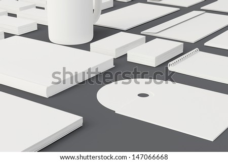 Blank Stationery and Corporate ID Template on grey background. Consist of Business cards, letterhead a4, envelopes, folder, notes, mug, cd disk, book.