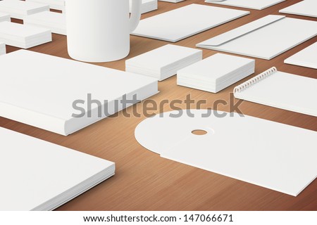 Blank Stationery and Corporate ID Template on wooden background. Consist of Business cards, letterhead a4, envelopes, folder, notes, mug, cd disk, book.
