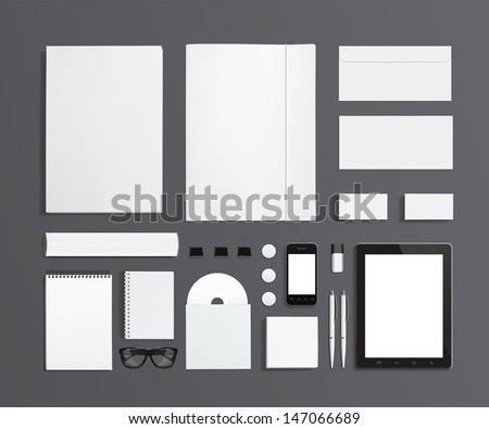 Blank Stationery And Corporate Id Template Isolated On Grey. Consist Of Business Cards, Letterhead A4, Tablet Pc, Usb Flash Drive, Bages, Pen, Envelopes, Glasses, Tube, Folder, Notes And Smart Phones.
