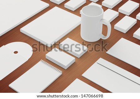Blank Stationery and Corporate ID Template on wooden background. Consist of Business cards, letterhead a4, envelopes, folder, notes, book, mug .