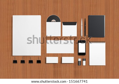 Blank Corporate ID Set isolated on grey. / Consist of Business cards, Folder, Tablet PC, envelopes, a4 letterheads, notebooks, flash, pencile, cd disk and smart phones.