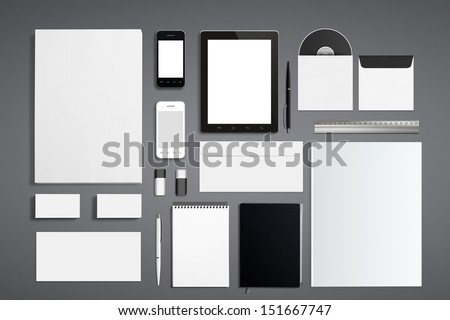 Blank Corporate Id Set Isolated On Grey. / Consist Of Business Cards, Folder, Tablet Pc, Envelopes, A4 Letterheads, Notebooks, Flash, Pencile, Cd Disk And Smart Phones.