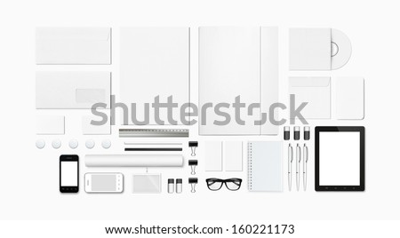 Blank Stationery Corporate Id Set Isolated On White. Consist Of Business Cards, A4 Letterheads, Folder, Tablet Pc, Envelopes, Tube, Phones, Tablet, Disk And Notebook.