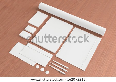 Blank Stationery Corporate ID set on wooden background with soft shadows. Consist of Business cards, A4 letterheads, envelopes, notebook, tube, pens and folder.