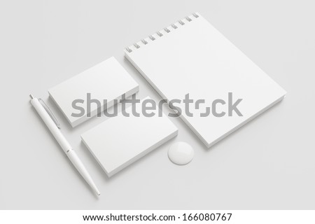 Blank Stationery / Corporate Id Set Isolated On White. Consist Of Business Cards, Pens, Button And Memobook