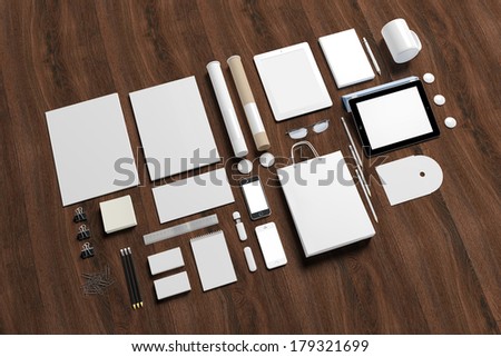 Blank corporate identity set / Stationery / Branding. Consist of letterhead, folder, book, note, phone, tablet pc, business cards, cup, pen, pencil, cd, buttons, envelope, tubus.
