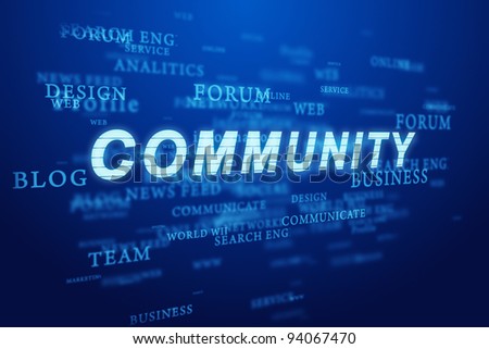 Community. Words cloud on deep blue background.