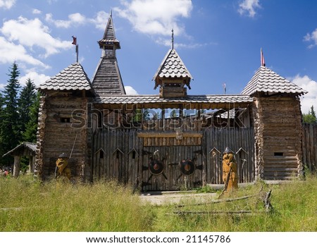 View on Russian folk-tales wooden castle