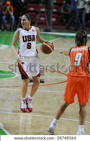 YEKATERINBURG, RUSSIA - OCT 11. Sue Bird, USA, champion of WNBA, Olympis Gold winner during basketball game between UMMC (Yekaterinburg, Russia) and USA Team on UMMC Cup. USA won 78:63, Oct 11, 2009.