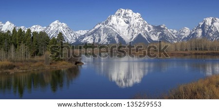 Snow capped Grand Tetons reflecting on water