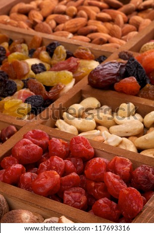 Background Dried Cherries, Cashew and Various Nuts in Wooden Box closeup