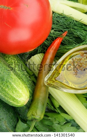 Arrangement of Ripe Tomato, Cucumbers, Chili Pepper, Parsley, Dill, Celery and Glass Gravy Boat with Olive Oil and Spices top view as Background