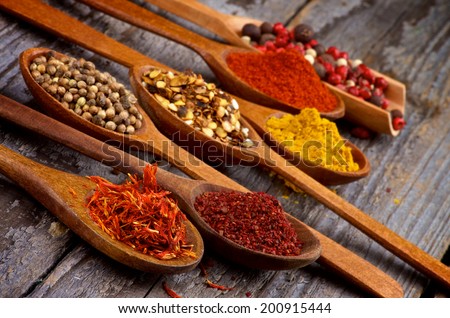 Wooden Spoons with Saffron, Sumac, Coriander, Dried Chili, Curry Powder, Paprika and Mixed Pepper closeup on Rustic Wooden background