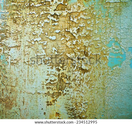 Light Blue and Sand Colored Damaged Obsolete Textured Cement Wall Background closeup