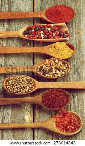 Wooden Spoons with Saffron, Sumac, Coriander, Dried Chili, Curry Powder, Mixed Pepper and Paprika on Rustic Wooden background. Retro Styled