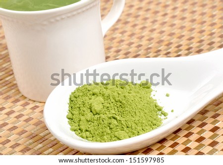 Matcha green tea on a spoon by a cup of green tea