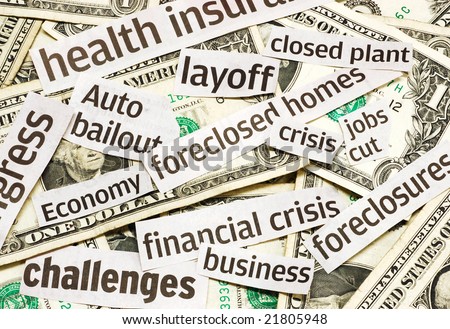 News headlines and money representing an economy in recession