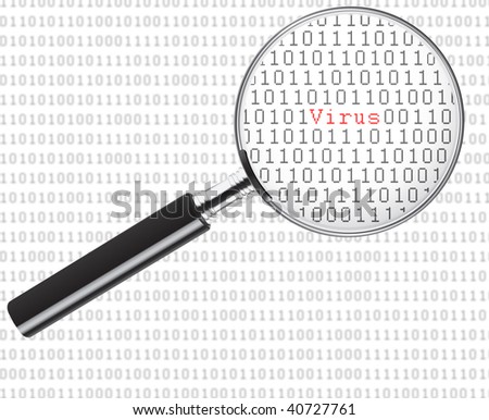 Binary code under a magnifying glass with the word virus in the middle and code in the background