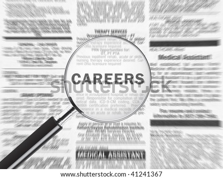 Magnifying glass over the word careers in the newspaper