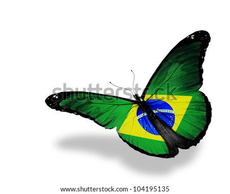 stock photo : Brazilian flag butterfly flying, isolated on white background