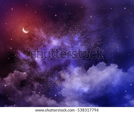Universe filled with stars, moon and galaxy