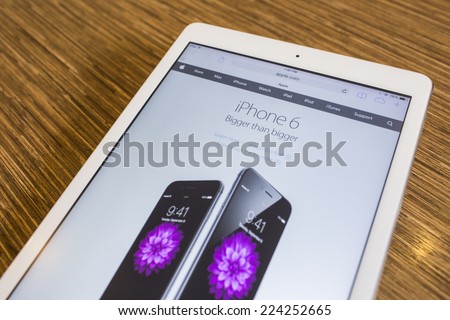 CHIANG MAI, THAILAND - September 17, 2014: Apple Computers website with the newly launched smart phones Apple iPhone 6 and iPhone 6 Plus seen on Apple iPad Air.