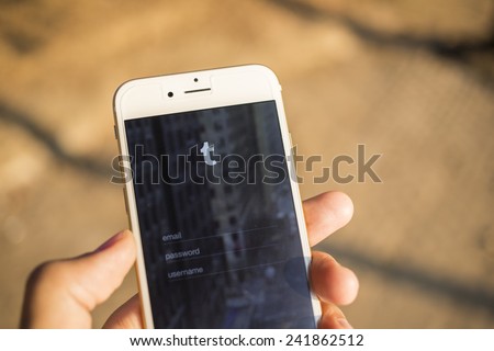 CHIANG MAI, THAILAND - JANUARY 04, 2015: Tumblr micro-blogging service that allows users to post text messages on Apple iphone 6, images, videos, links, quotes and audio to their tumblelog.