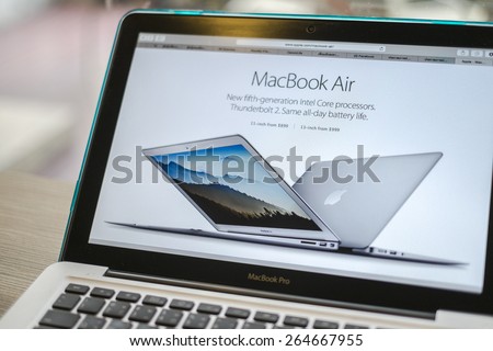 CHIANG MAI, THAILAND - March 10, 2015: Apple Computers website close up details on Apple Macbook Pro with the New Macbook Air Apple laptop.