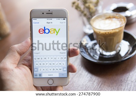 CHIANG MAI, THAILAND - APRIL 22, 2015: Close up of ebay app on a Apple iPhone 6 screen. ebay is one of the largest online auction and shopping websites.