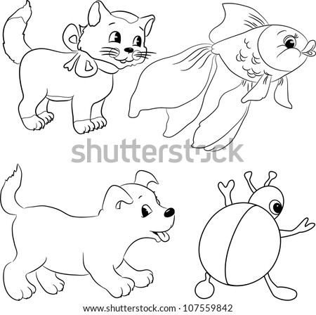 Vector Set Of Outlined Cartoon Animals. Coloring Book. - 107559842