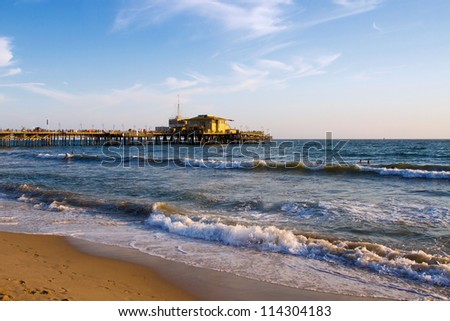 Beautiful Santa Monica beach and the Pacific Ocean before sunset, Santa Monica near Los Angeles, California, USA